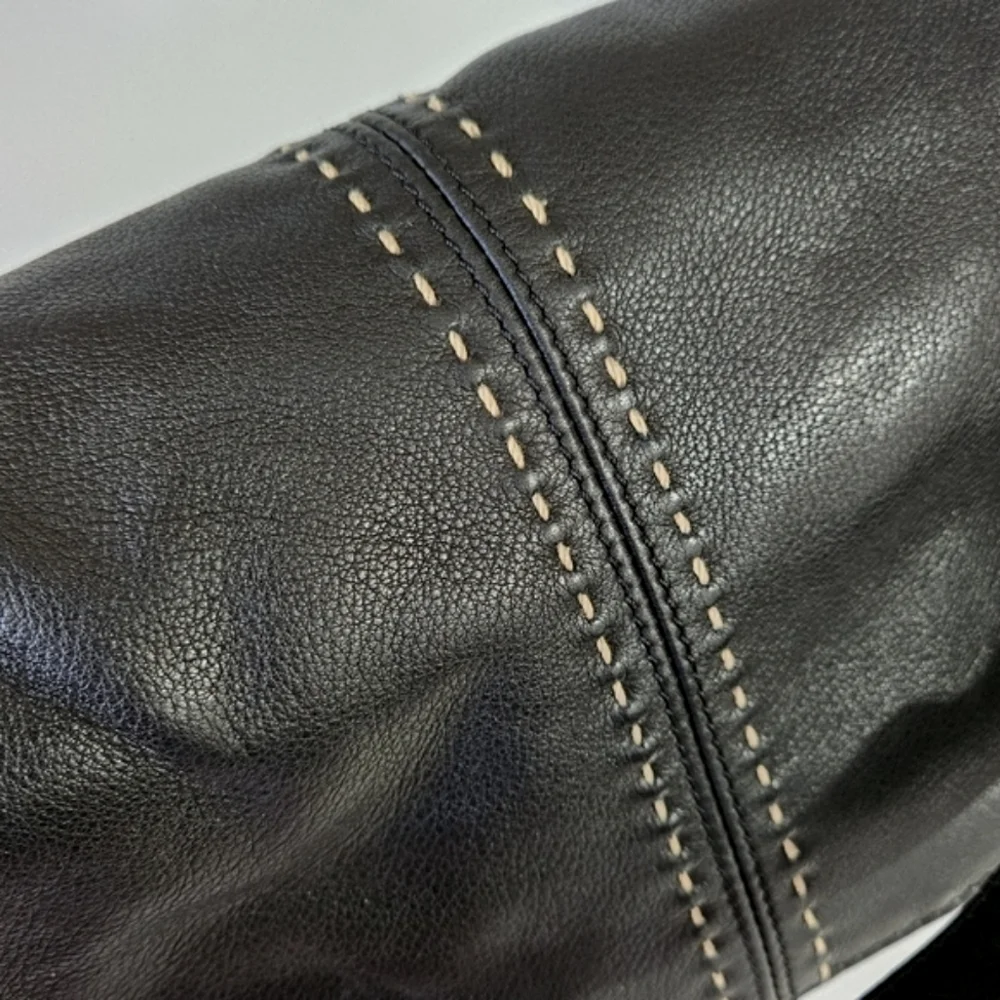 B. Makowsky Black Leather Contrast Stitching Top Flap Hobo Shoulder Bag